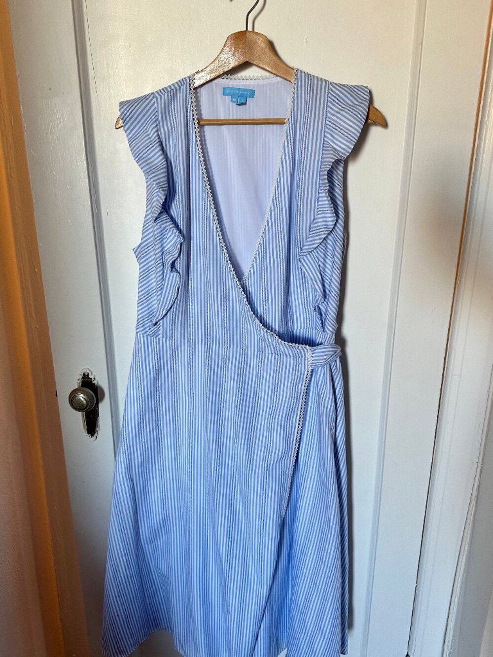 Draper James Blue White Stripe Ruffle Wrap Dress Size 12 Lace Trim